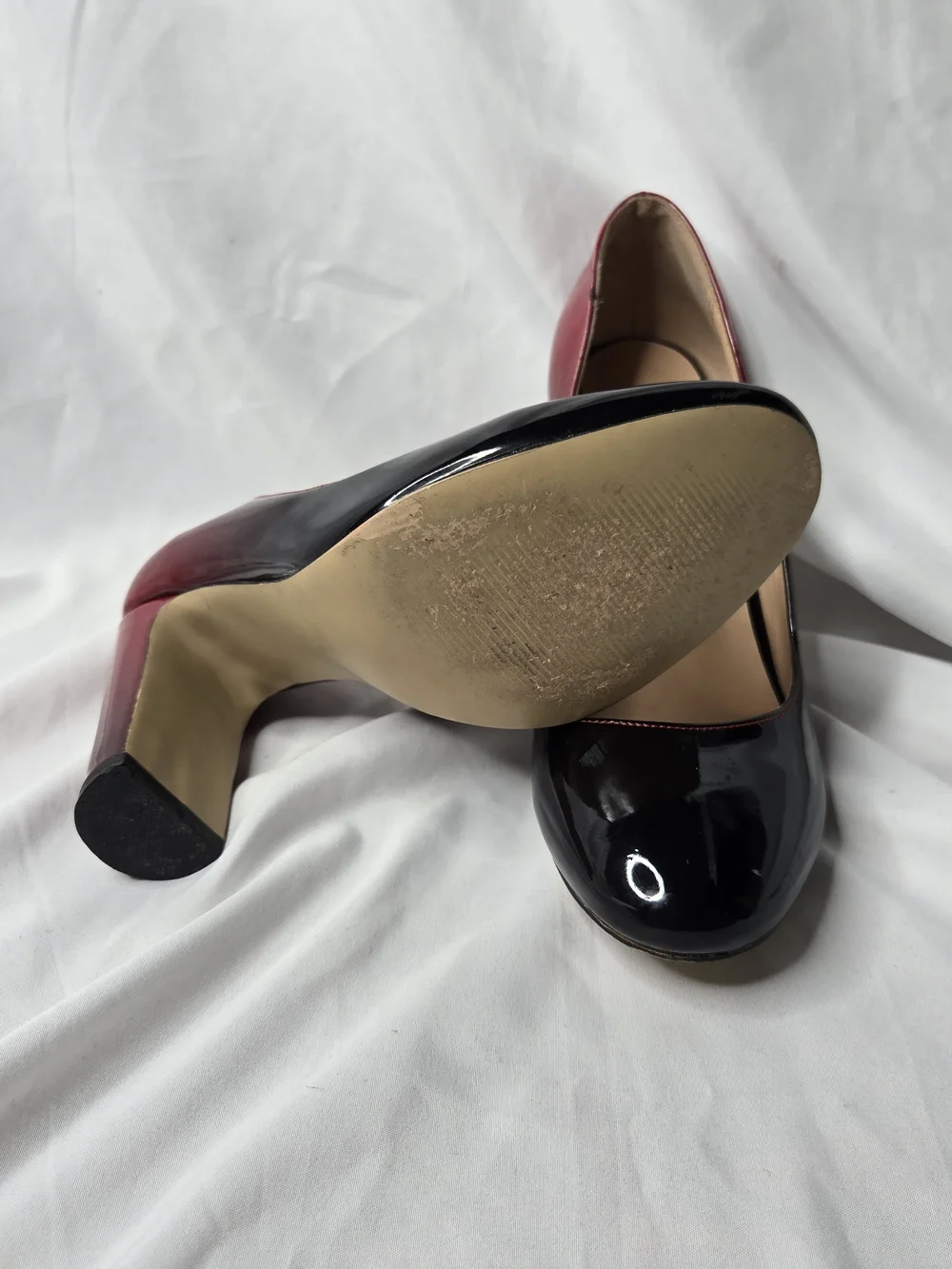 Fericzot Women’s Size 8.5 Black Red Patent Leather Pumps Block Heel Two Tone